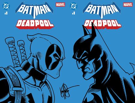 DF DC MARVEL BATMAN DEADPOOL #1 BLUE BLANK VARIANT TWO COVER SET SIGNED AND REMARKED BY KEN HAESER WITH DEADPOOL VS BATMAN SKETCH