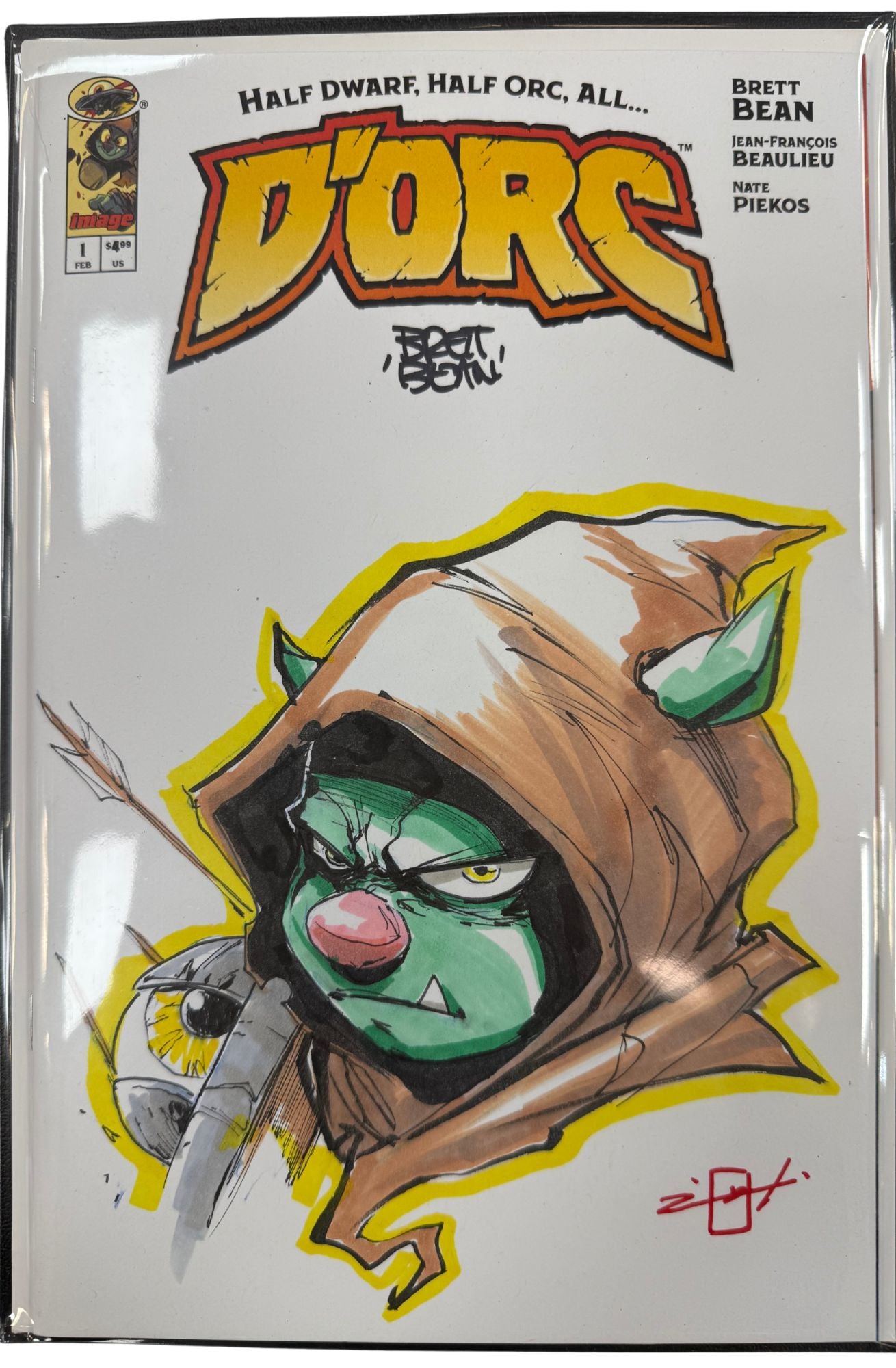 FULL COLOR SKETCH BY JONATHAN URIBE AND SIGNED BY BRETT BEAN ON A DORC #1 BLANK W/COA