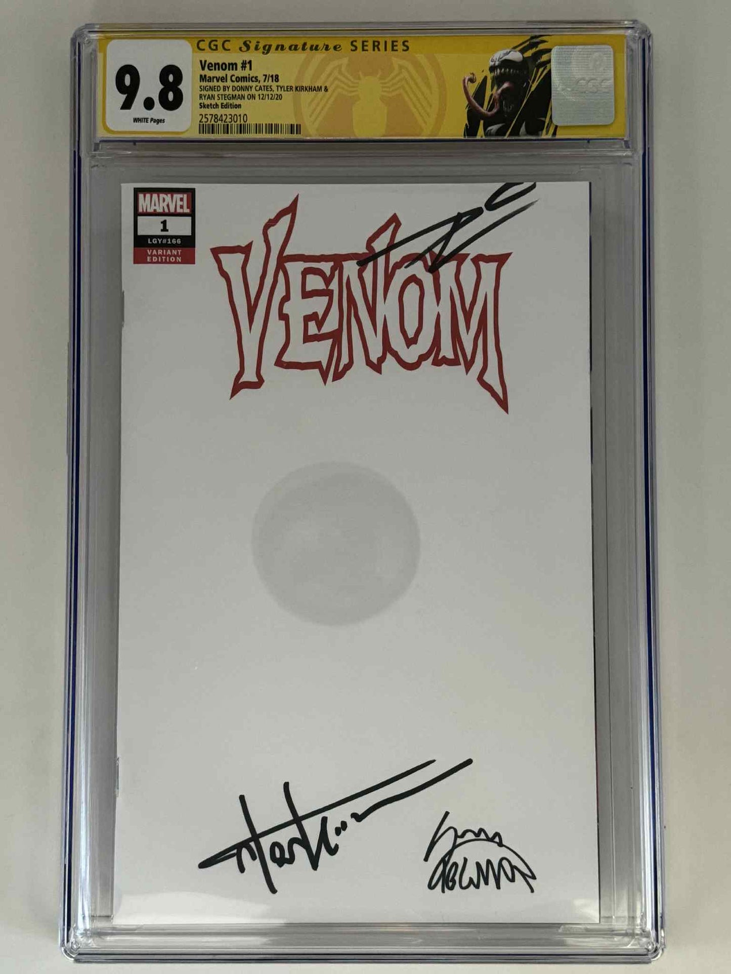 [Triple Signed by Tyler Kirkham | Donny Cates | Ryan Stegman] Venom #1 CGC 9.8 Yellow Label Exclusive Blank Var
