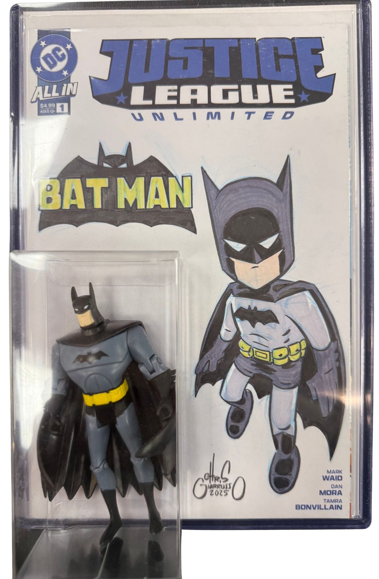 CHRIS GIARRUSSO BATMAN SKETCH WITH A BATMAN TOY ATTACHED ON JLU BLANK #1 W/COA