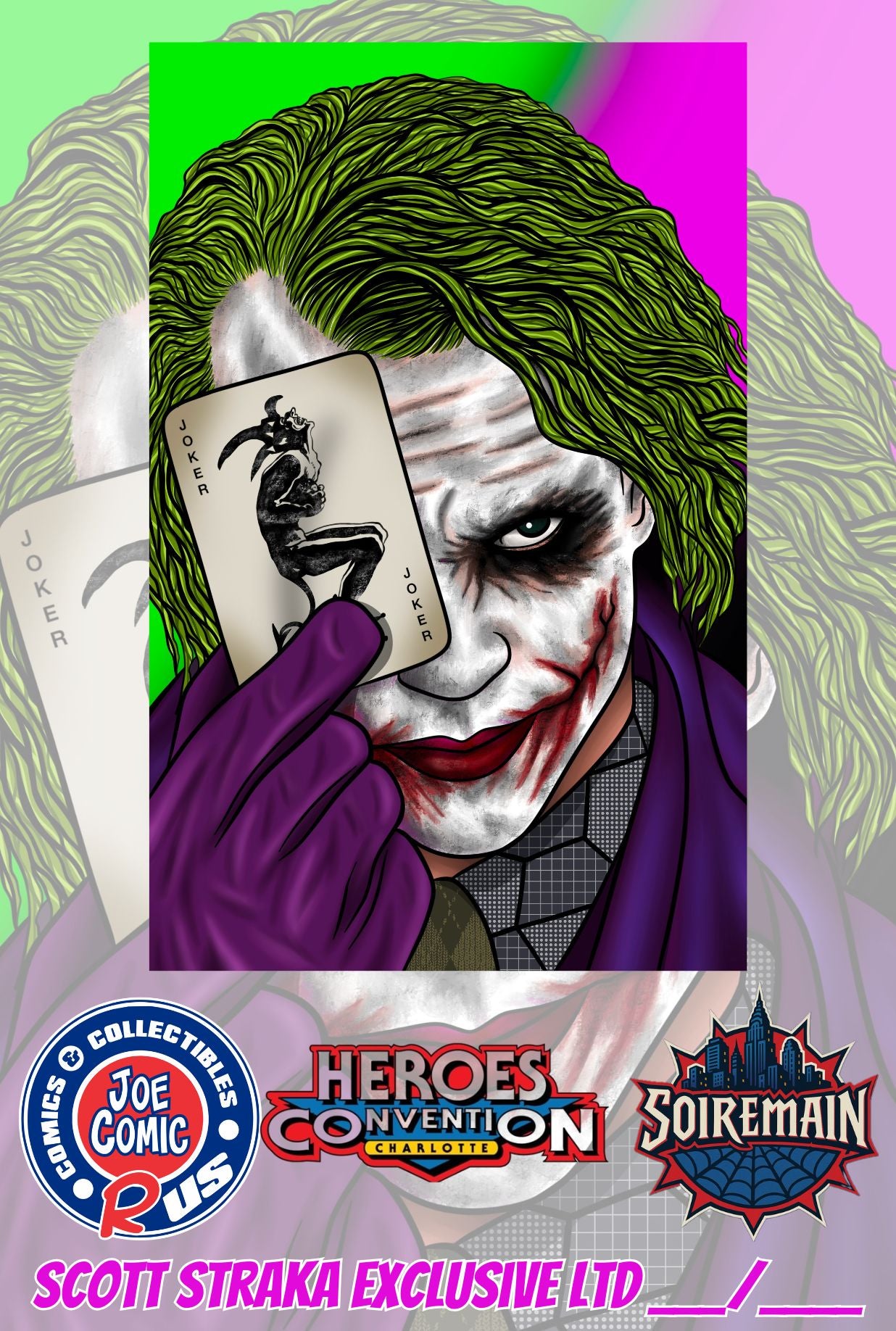 HEATH LEDGER TRIBUTE JOKER COLOR EMBOSSED BY SCOTT STRAKA LTD 70 W/COA